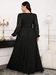 Modelyn Vestido con cuello de corazón, mangas de globo y fruncidos de encaje, talla grande y elegante - Negro - Ver 2