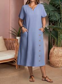 EMERY ROSE Vestido casual con bolsillo, de cuello en V y mangas cortas, para mujer de tallas grandes
