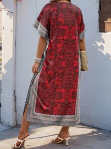 INAWLY Solva Plus Size Vintage Print V-Neck Batwing Sleeve Side Slit Dress - Multicolor - View 2