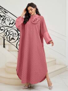 Al Najma 高领 3D 花卉女式土耳其和阿拉伯风格长款束腰外衣，秋冬季，朴素优雅的束腰外衣，卡夫坦和贾拉比亚，适合日常休闲 - 珊瑚粉 - 查看 6