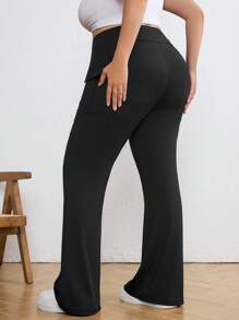 SHEIN Tall CURVE Plus Size Women Solid Color Elastic Flare Pants With Pockets, Summer For Women, Graphic Women, Concert Women, Rave Festival, Streetwear For Women, Graduation Women Pants - Black - View 2