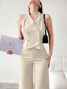 Modelyn Bộ vest và quần vest đi làm thanh lịch, màu đen, bộ 2 món, thời trang xuân hè cho nữ, ve áo hai hàng khuy - Màu be - Xem 6