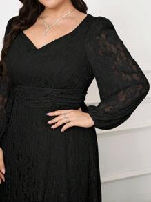 Modelyn Vestido con cuello de corazón, mangas de globo y fruncidos de encaje, talla grande y elegante - Negro - Ver 5
