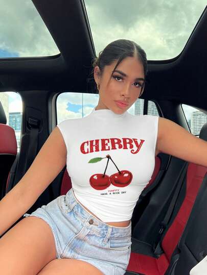 SHEIN SXY 女士休闲不对称樱桃图案 T 恤，适合夏季
