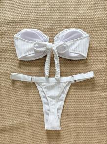 Swim Chiccia Women's Summer Solid Color Strapless Bandeau Metal Decor Sexy Bikini Swimwear Set - White - View 2
