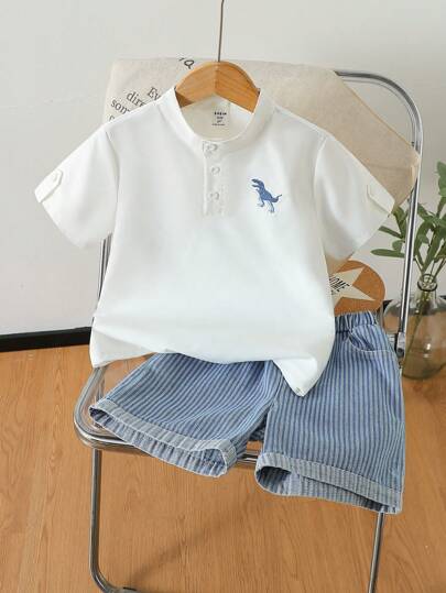 SHEIN Young Boy Preppy Summer New Korean Casual Outfit Embroidery Pattern Polo Shirt + Striped Shorts 2 Pieces Set, Simple & Charming Summer Holiday