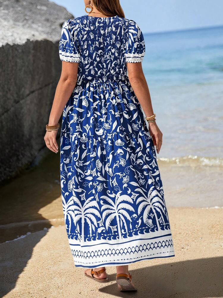 Robe ample à col V et manches courtes avec imprimé palmier, tenues d'été pour femmes, vêtements d'été, vêtements bohèmes pour femmes