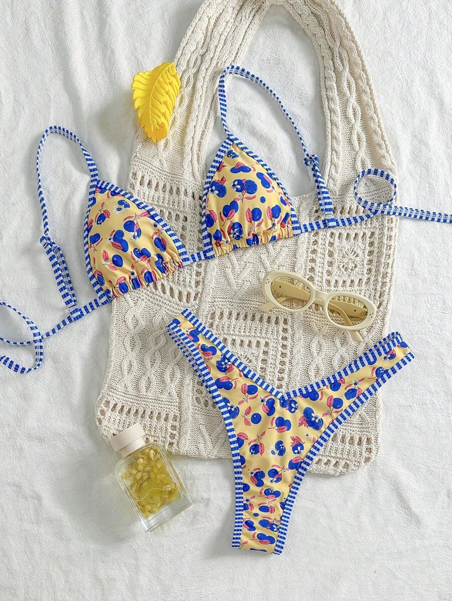 Swim Mod Women's Cute Random Print Spaghetti Strap 2 Pieces Bikini Swimwear Set, Spring Break Summer Outfits - Multicolor - View 1