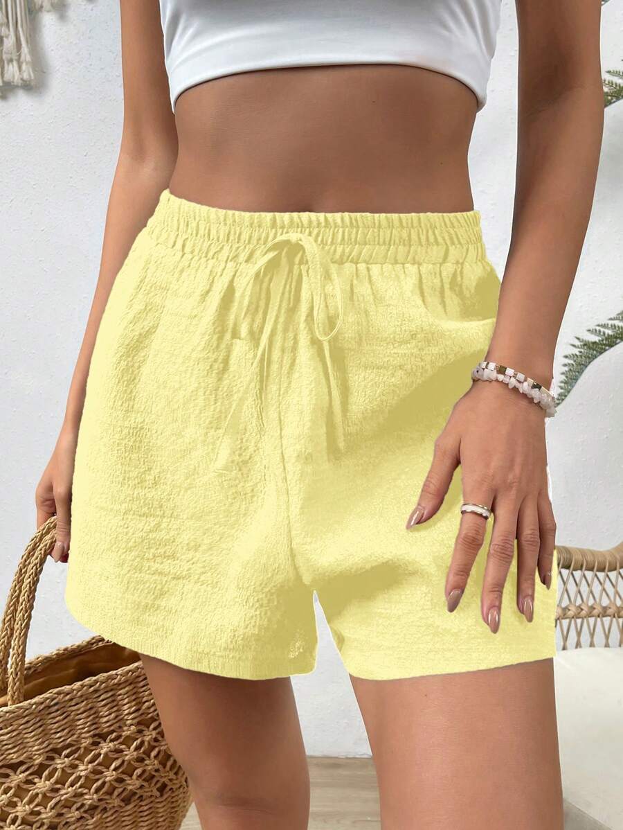 SHEIN VCAY Summer Beach Solid Knot Waist Shorts, Women Summer Outfits, Women Summer Outfits - Yellow - View 1
