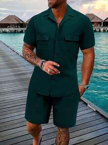 Manfinity Homme 男士纯色短袖单排扣衬衫和短裤 2 件套休闲西装 - 墨綠色 - 查看 1