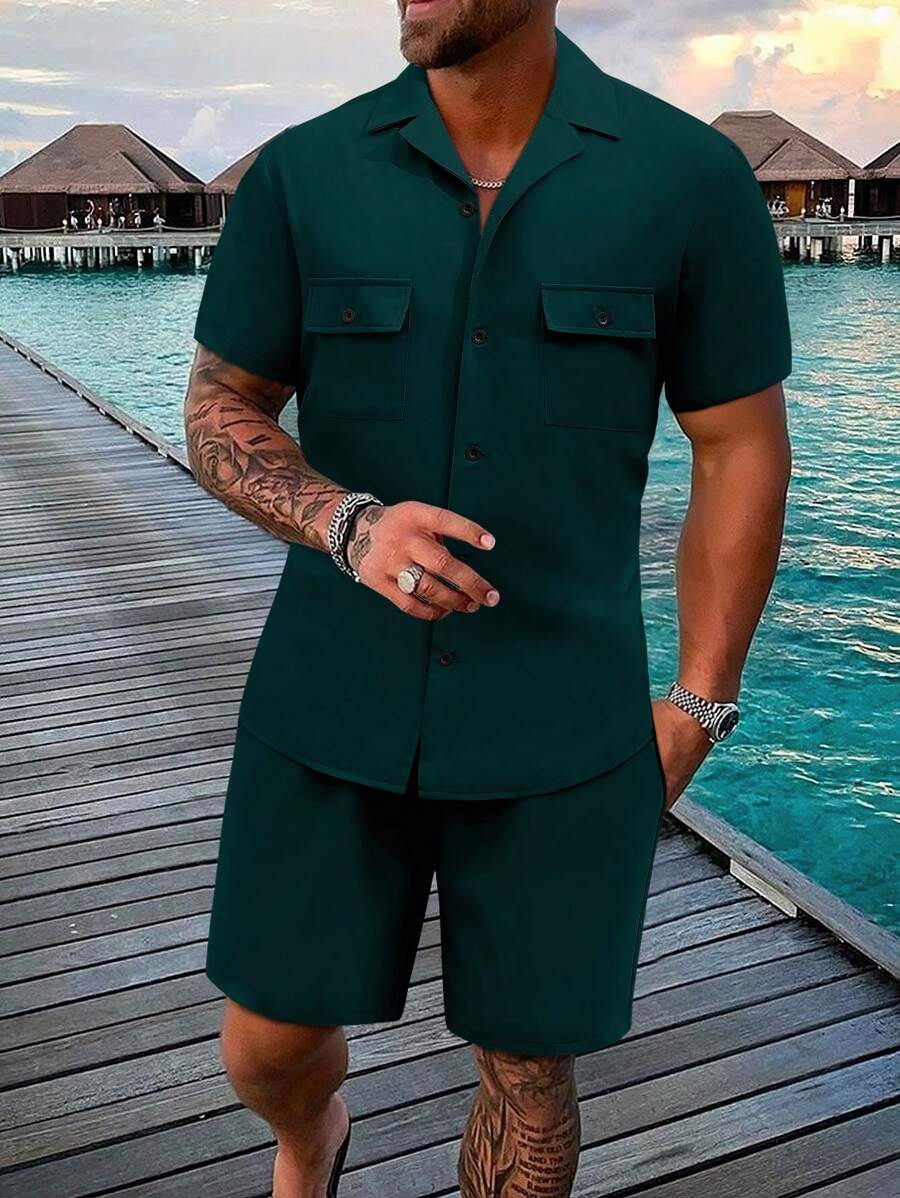 Manfinity Homme 男士纯色短袖单排扣衬衫和短裤 2 件套休闲西装 - 墨綠色 - 查看 1