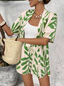 SHEIN VCAY Summer Outing Holiday Dating Set, Women's Short-Sleeved Shirt And Elastic Waist A Swing Shorts Casual Holiday Printed Beach Set, Going Out For Dating, Women's Summer Holiday, Summer Beach Holiday Two Pieces Set, Back To School Dress, Very Simple Dress, Office Dress, Old Money Dress, Teacher Dress, Dating Dress, Going Out For Bestie Afternoon Tea Shopping Leisure Set, Going Out For Music Festival Ladies Set - Green - View 5