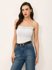 Poéselle Ladies' Solid Color Lace Spliced Camisole Tank Top - White - View 6