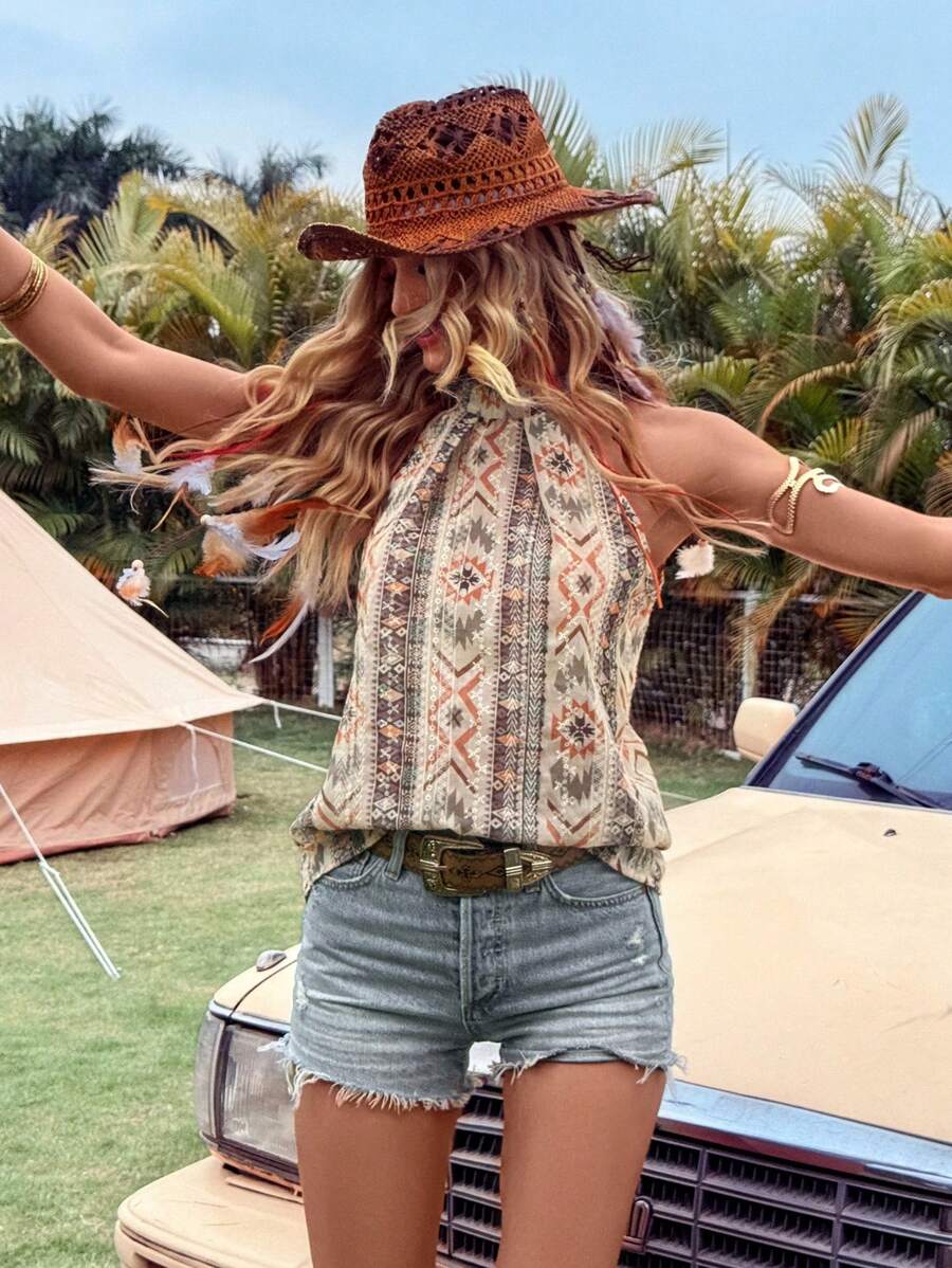 LanaWest Regular Fit Women's Halter Neck Sleeveless Floral Print Casual Vacation Music Festival Shirt