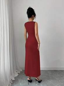 Elenzga 新款女式派对城优雅法式时尚甜美性感紧身无袖前开休闲拼布圆领纽扣针织拼色中长连衣裙，适合情人节狂欢节复活节假期 - 酒紅色 - 查看 2