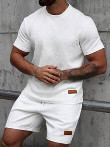Manfinity Homme Men's Daily Dcasual Round Neck Short-Sleeved Shorts White Textured Fabric Two-Piece Suit, A Gift For Husband Or Boyfriend - White - View 4