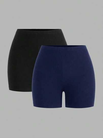 SHEIN EZwear 2 件套女式休闲针织黑色和海军蓝短款紧身打底裤，夏季两件套女式骑行短裤