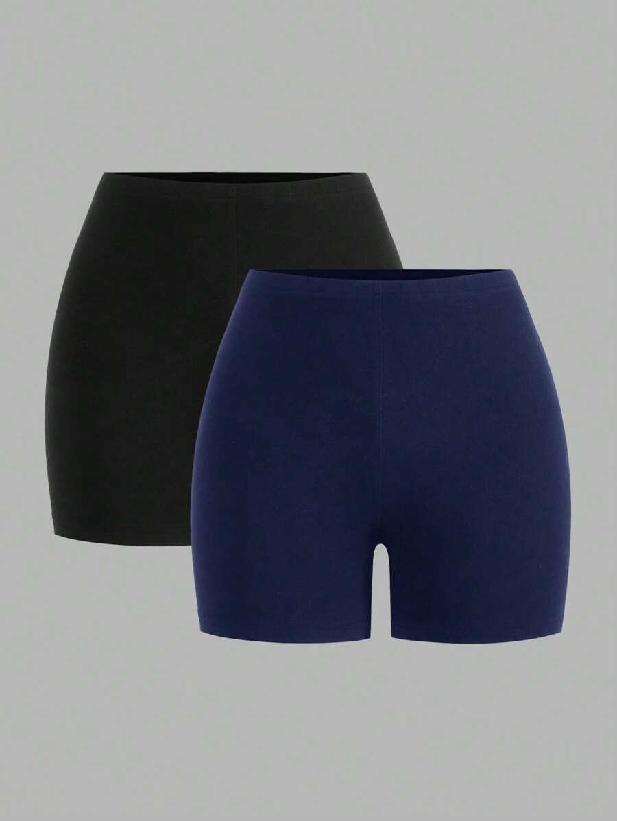 SHEIN EZwear 2 件套女式休闲针织黑色和海军蓝短款紧身打底裤，夏季两件套女式骑行短裤 - 彩色 - 查看 1