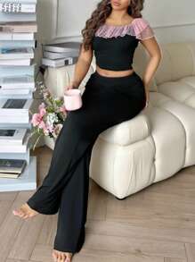 INS Style Lace Contrast Sweet Women Pajama Set - Multicolor - View 3