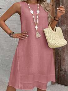 SHEIN VCAY Plus Size Sleeveless Solid Color Simple Fashionable Dress, Suitable For Summer - Dusty Pink - View 3