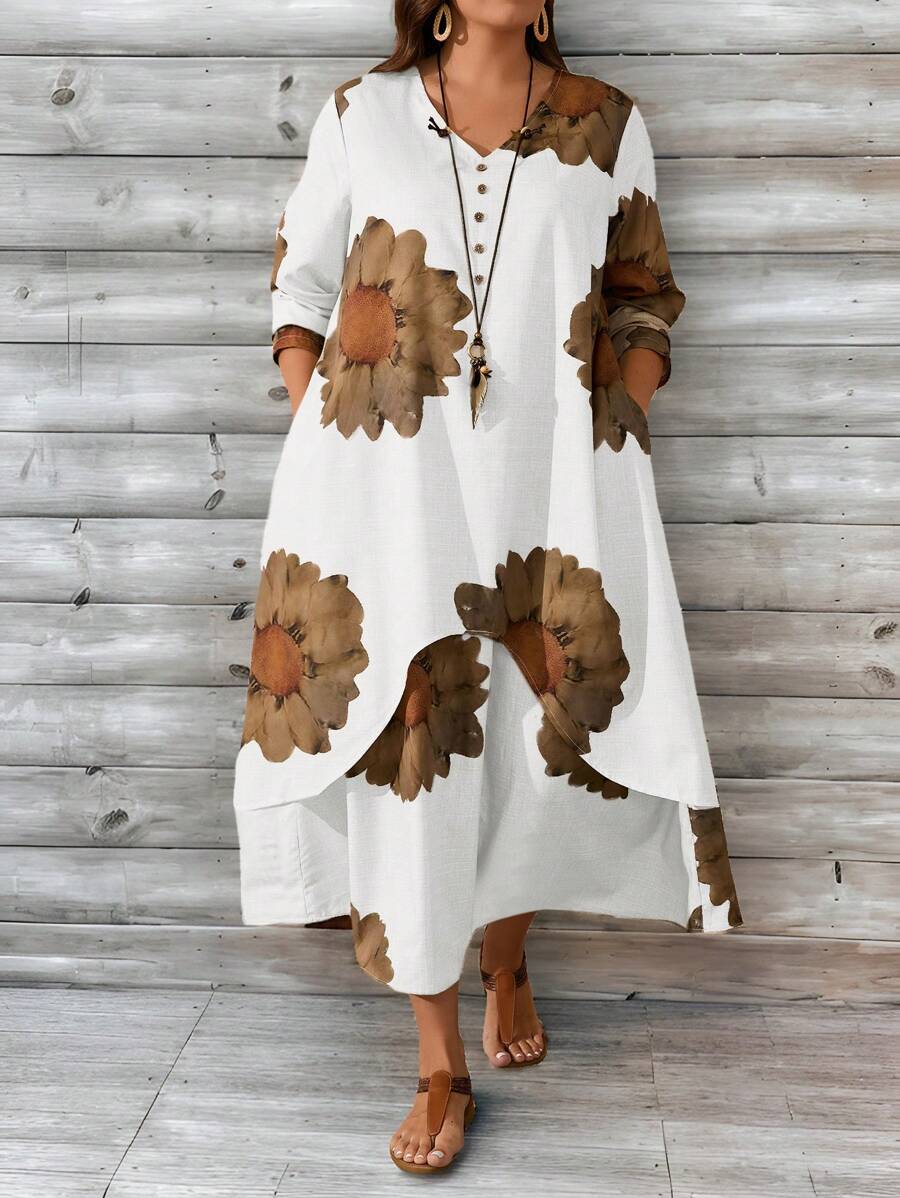 EMERY ROSE Plus Size Women Floral Printed Casual Dress, Minimalist Fashion Suitable For Summer - White - View 1