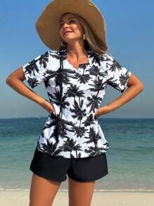 SHEIN Swim Lushore Women's Palm Tree Print Round Neck Short Sleeve Top And Shorts Casual Tankini Swimwear Set For Vacation - Black - View 6