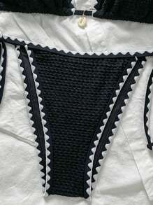 Swim Mod Bộ bikini 2 mảnh đi biển mùa hè cho nữ, vải jacquard màu trơn có viền xếp nếp và dây buộc vai - màu đen - Xem 5