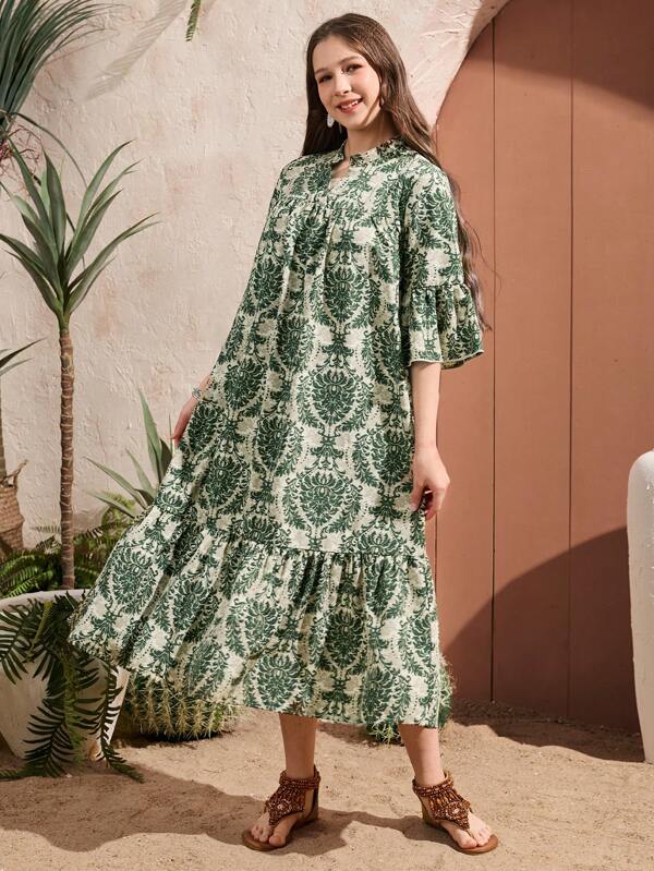 Tienermeisjes vakantie casual allover print ruche mouw jurk, vakantie, zomer, reizen