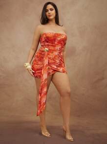 Hauture Damen ärmelloses Mini-Wickelkleid mit abstraktem Muster und Schleife an der Seite