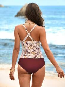 SHEIN VCAY Women Floral Print Camisole And Solid Color Triangle Tankini Swimwear Set,Tank Tops - Orange - View 2