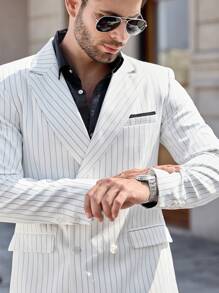 Manfinity Mode Men's Striped Double Breasted Suit Set - Blazer And Trousers Nice Suit For Men ,Men's Travel Daily Commute Vacation INS Set Style, Offering Comfort And A Relaxed Fit, Perfect For Couples' Gatherings, A Thoughtful Gift For Husbands, Boyfriends, Girlfriends, Or Dads, Suitable For Outdoor Travel, Available In Multi-Piece Sets, Ideal For Wedding Parties, A Beautiful INS Versatile Piece For Parties, A Must-Have For Spring And Summer Gatherings, Blending A Fashion Style Of Maturity, Steadiness, And Wisdom, Especially Suitable For Middle-Aged And Young Successful Individuals. - White - View 2