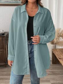SHEIN LUNE 冬季服装纹理休闲大码纯色夏季长袖衬衫 - 霧霾藍 - 查看 4