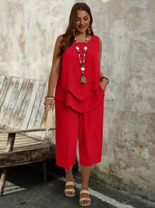 EMERY ROSE 大码女式简约中号紫色无袖上衣和七分裤 2 件套 - 紅色 - 查看 3