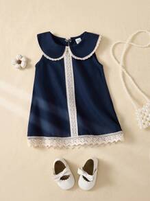 Souflis Souflis Baby Girl Sleeveless Ruffle Collar A-Line Hem Cute Navy Blue Dress, Summer