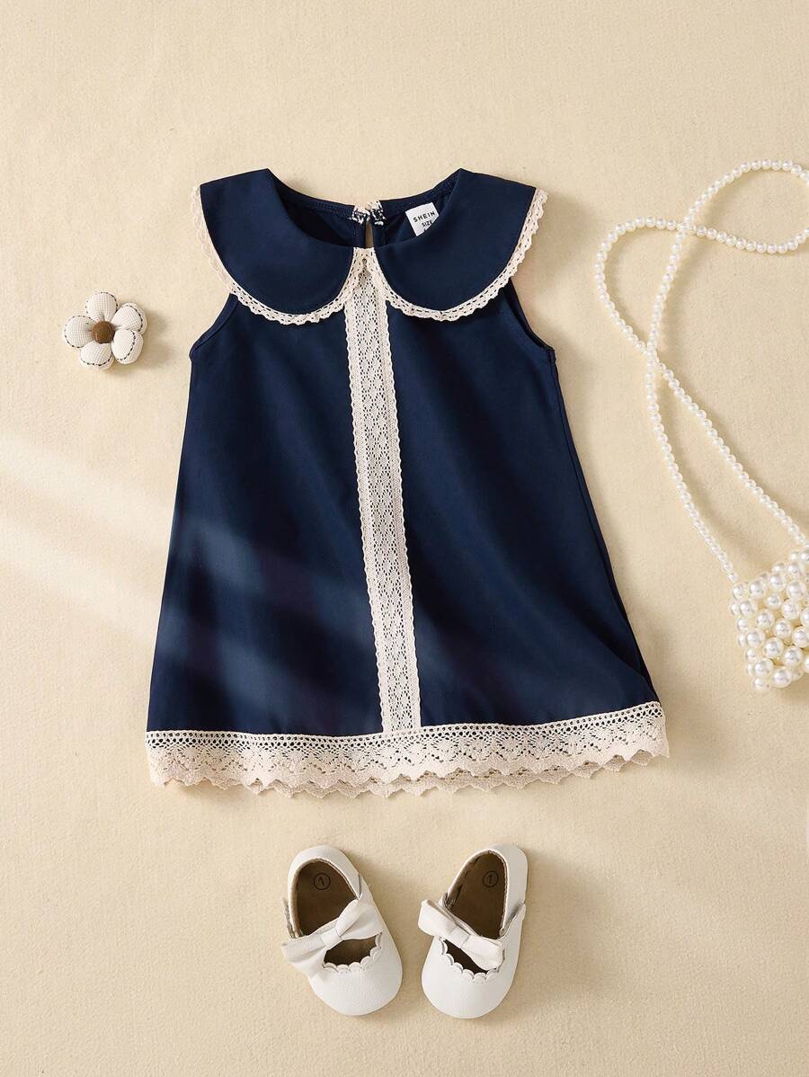 Souflis Souflis Baby Girl Sleeveless Ruffle Collar A-Line Hem Cute Navy Blue Dress, Summer