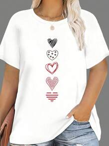 SHEIN CURVE+ Áo phông cỡ lớn in hình trái tim và cổ tròn, áo phông họa tiết Graffiti, áo nữ mùa hè - trắng - Xem 1