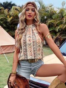 LanaWest Regular Fit Women's Halter Neck Sleeveless Floral Print Casual Vacation Music Festival Shirt