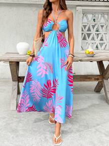 SHEIN VCAY Women's Vacation Sexy Plant Print Halter Backless Mid-Length Dress,Elegant, Women Dresses Vacation, Resort Dresses For Women, Women Clothing Summer Dresses, Beach Dresses For Women,Tropical Vacation Woman Clothes,Vacation - Blue - View 4