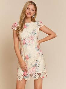 Amorya 1 pieza Vestido corto de mujer con manga corta, borde asimétrico, encaje y estampado de florecitas romántico. Atuendo elegante de verano para mujer, vestidos casuales de negocios, ropa de mujer estilo boho para vacaciones, vestido de boda o invitada, vestido floral de verano