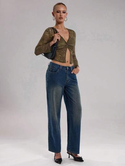 SHEIN BAE 女士纯色蕾丝长袖上衣，简约时尚的设计，适合夏季