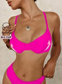 胸罩式聚拢泳衣，简约时尚，适合夏季 - 玫紅色 - 查看 4