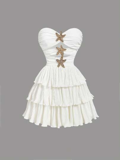 SHEIN MOD Vestido con escote strapless, diseño calado, decoración de estrella de metal, bajo de múltiples capas, estilo bohemio, urbano, para citas, tropical, vacaciones, despedida de soltera, sexy, para mujer, tallas grandes