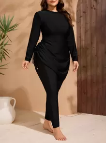 Swim Mulvari 2pcs Plus Size Women Solid Color Modest Middle East Style Long Sleeve & Long Pants Bikini Swimsuit Set, For Summer Beach Vacation - Black - View 6