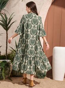 Tienermeisjes vakantie casual allover print ruche mouw jurk, vakantie, zomer, reizen