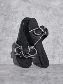 SHUZIA Women Slip-On Bow Decor Open Toe Everyday Cute Basic Raffia Black Sandals Spring Shoes Spring Break Easter - Black - View 8