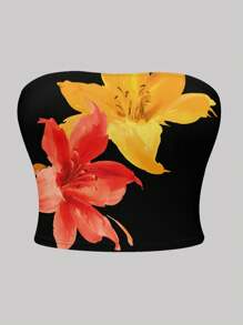 INAWLY Y2K Curve Plus Size Hibiscus Flowers Print Graphic Tube Top