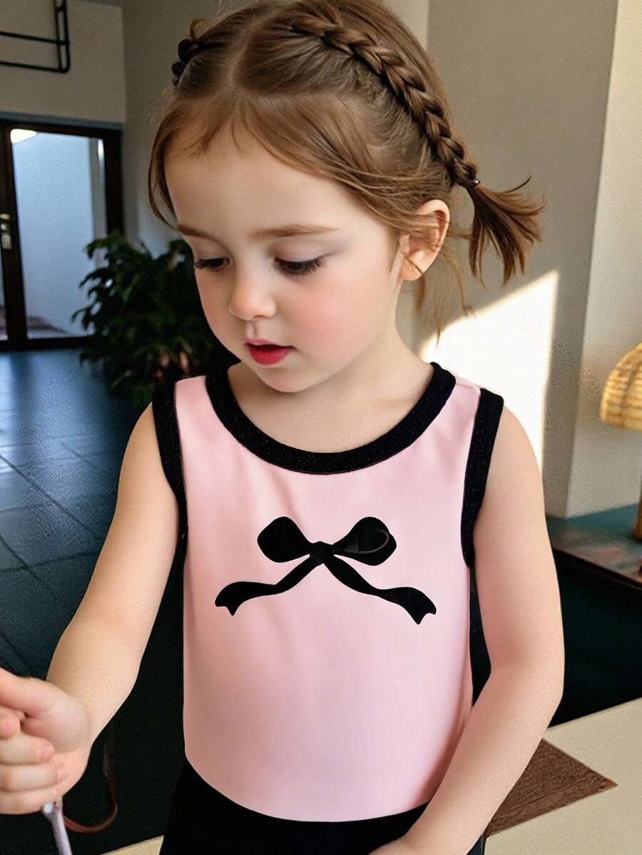 女婴婴儿和幼儿（0-3 岁）休闲百搭时尚黑色和粉色撞色蝴蝶结装饰无袖上衣，适合室内和室外穿着 - 粉色 - 查看 1
