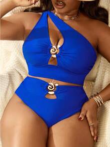 Slaydiva Plus Size Women 2pcs Set One Shoulder Hollow High Waist Tankini Swimwear, Summer Beach Vacation - Royal Blue - View 1
