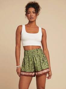 Travachic Women's Loose Fit Palm Tree Print Straight Leg Casual Shorts - Army Green - View 3