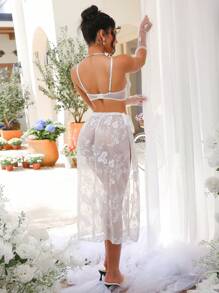 3 Stücke Set: BH + Höschen + langes Kleid, Hochzeitsbraut Unterwäsche-Set, hoch geschlitzter herzförmiger Bügel-BH mit Spitze, geraffter romantisch-sexy Damen Dessous-Set - Weiss - Übersicht 2